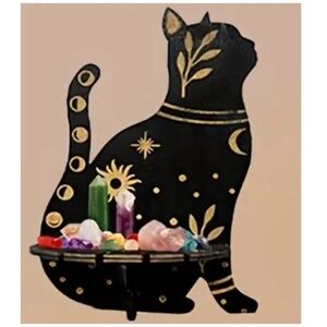 NEW! Majestic Black and Gold Sitting Cat Crystal / Gemstone Display Wall Shelf!